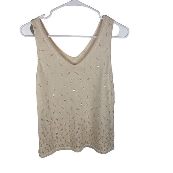 American‎ Vintage Cream Knit Sparkly Metallic Sequin Silk Rayon Tank Top Size M - Picture 1 of 6